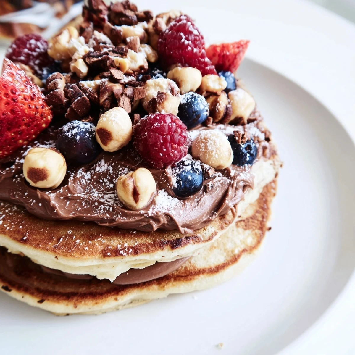 Golden Chocolate Hazelnut Spread Pancakes drizzled with warm spread and topped with crunchy toasted hazelnuts on white plate.