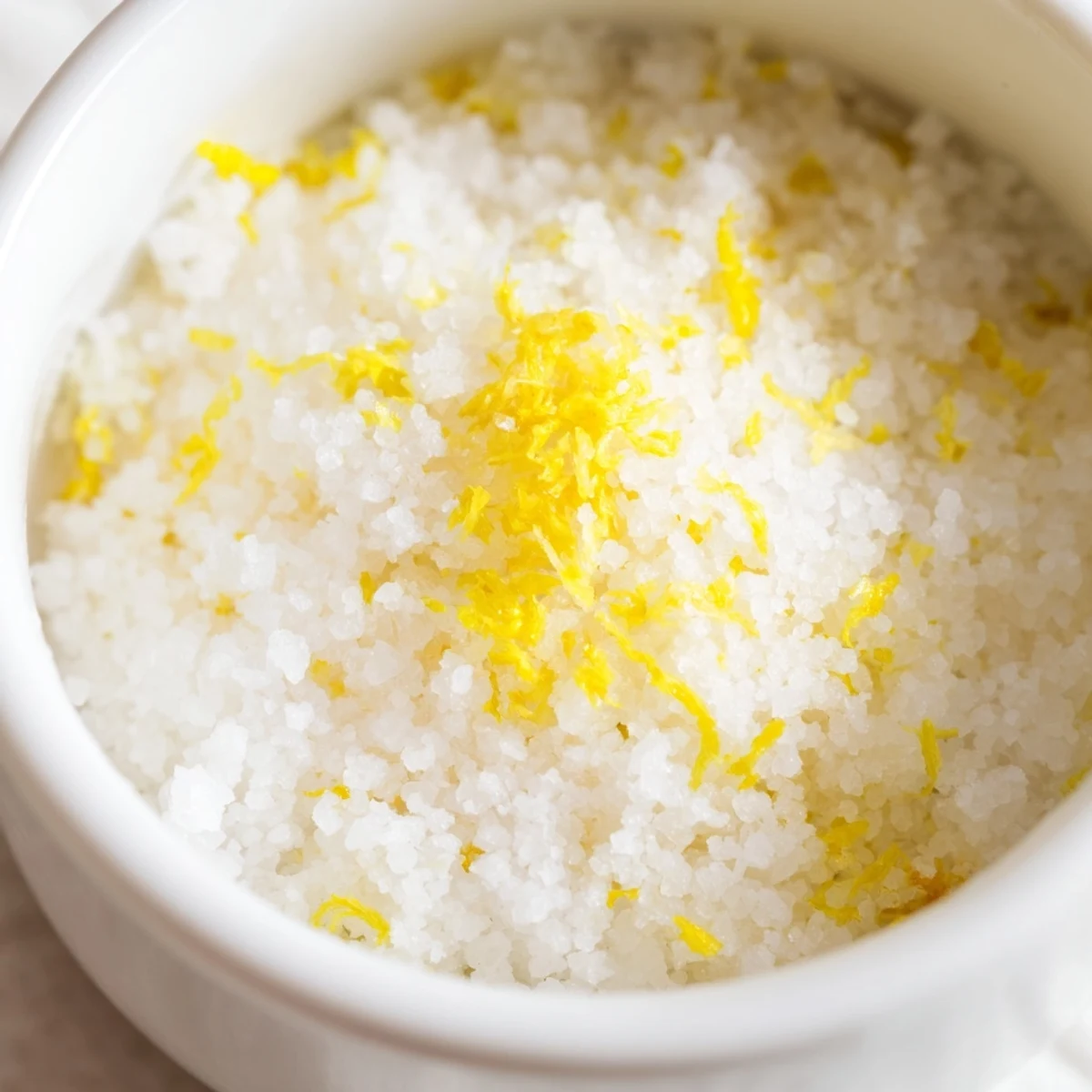Close-up of bright Lemon Zest Sugar being sprinkled from a spoon onto warm blueberry muffins, releasing a fresh citrus aroma.