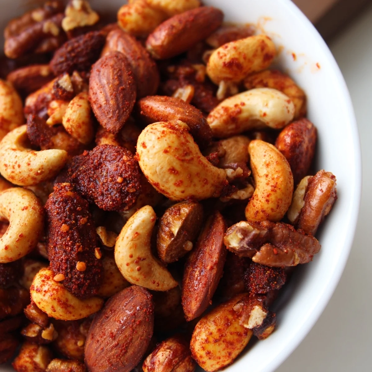 Freshly roasted Spiced Nuts with Chili glistening with maple syrup, piled high on a neutral plate for a savory treat.