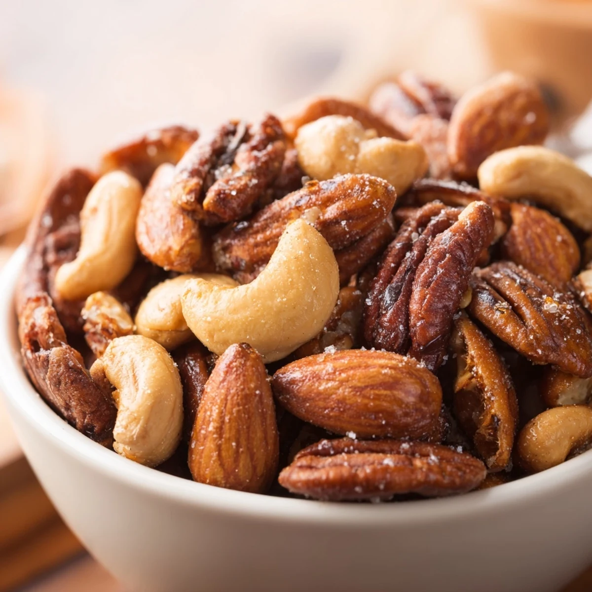 A bowl of roasted nuts with salt, mixed almonds cashews pecans, ready to snack or gift to friends.
