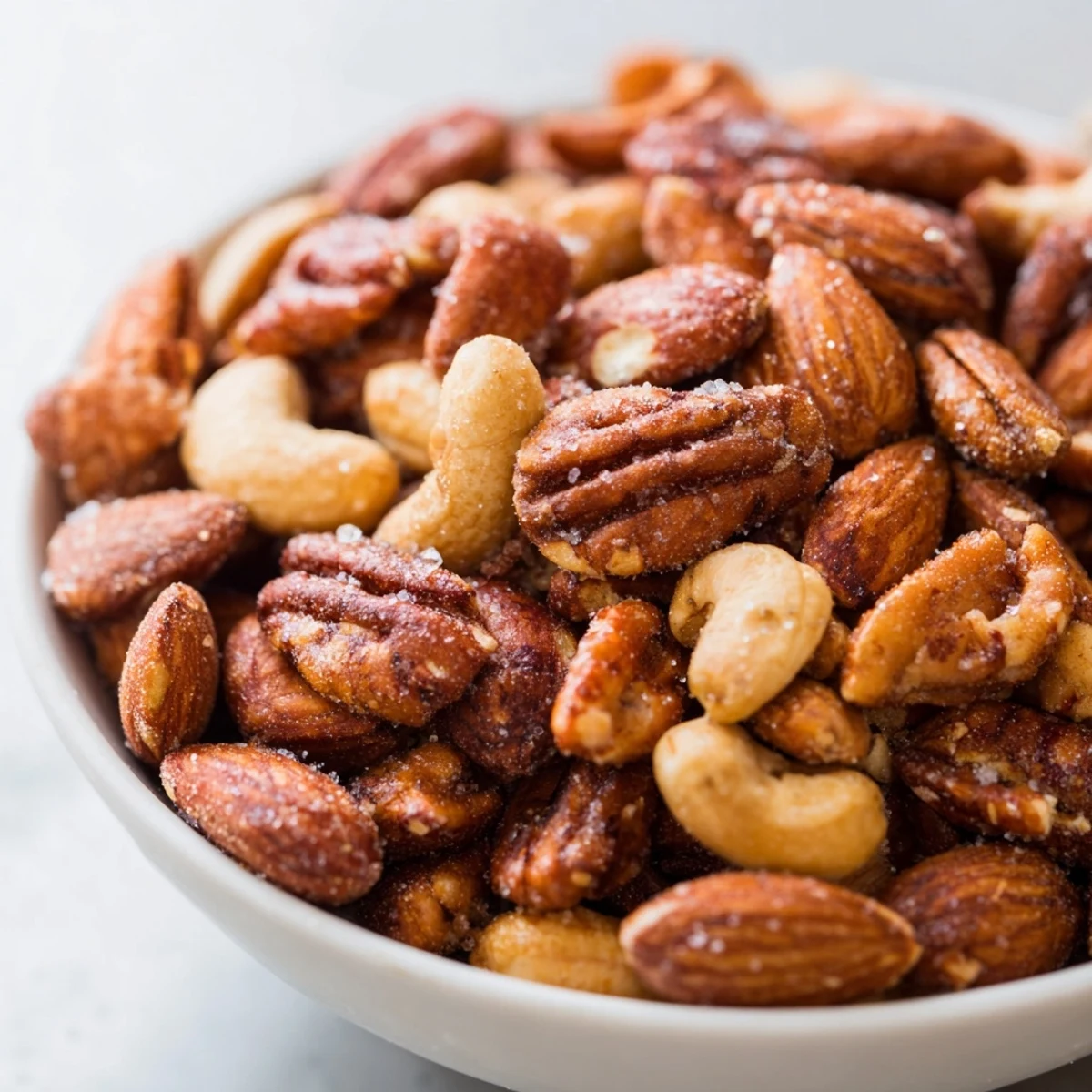 Golden roasted nuts with salt spread on a baking sheet, glistening with olive oil and smelling fragrant and toasty.