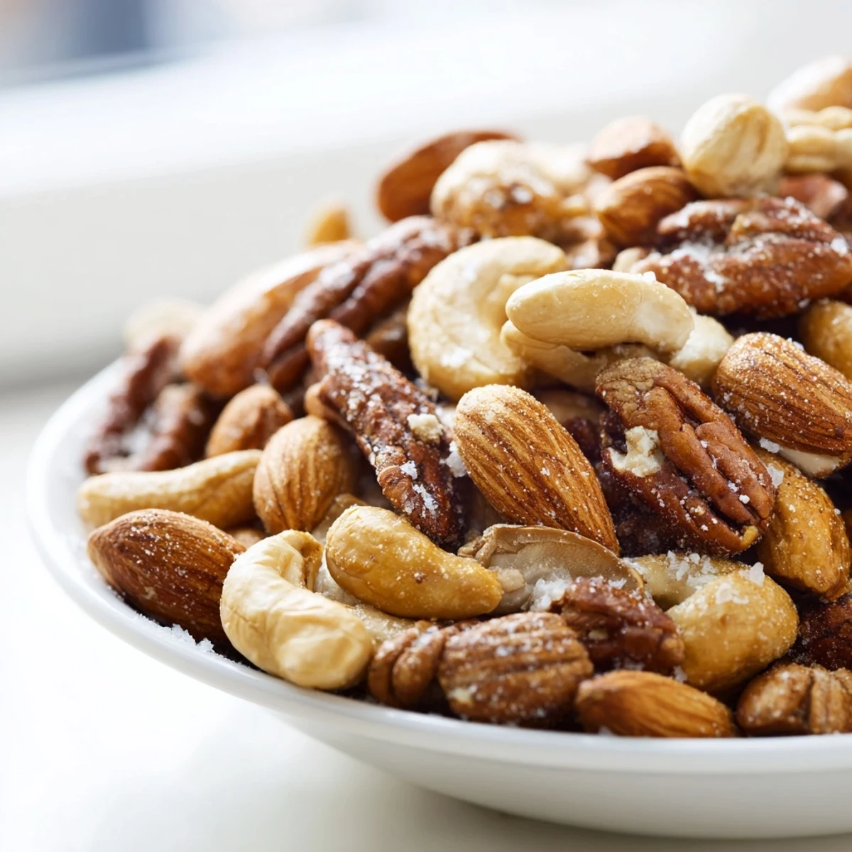 Cooling roasted nuts with salt on parchment paper, showing crunchy golden edges perfect for healthy snacking or appetizers.