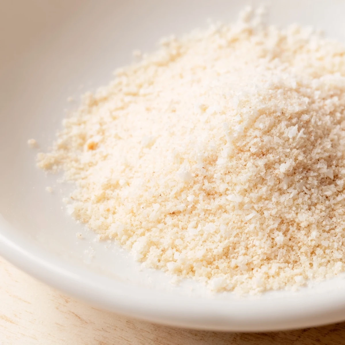 A small white bowl holds a fresh batch of Garlic Powder with Salt beside garlic cloves and sea salt crystals.