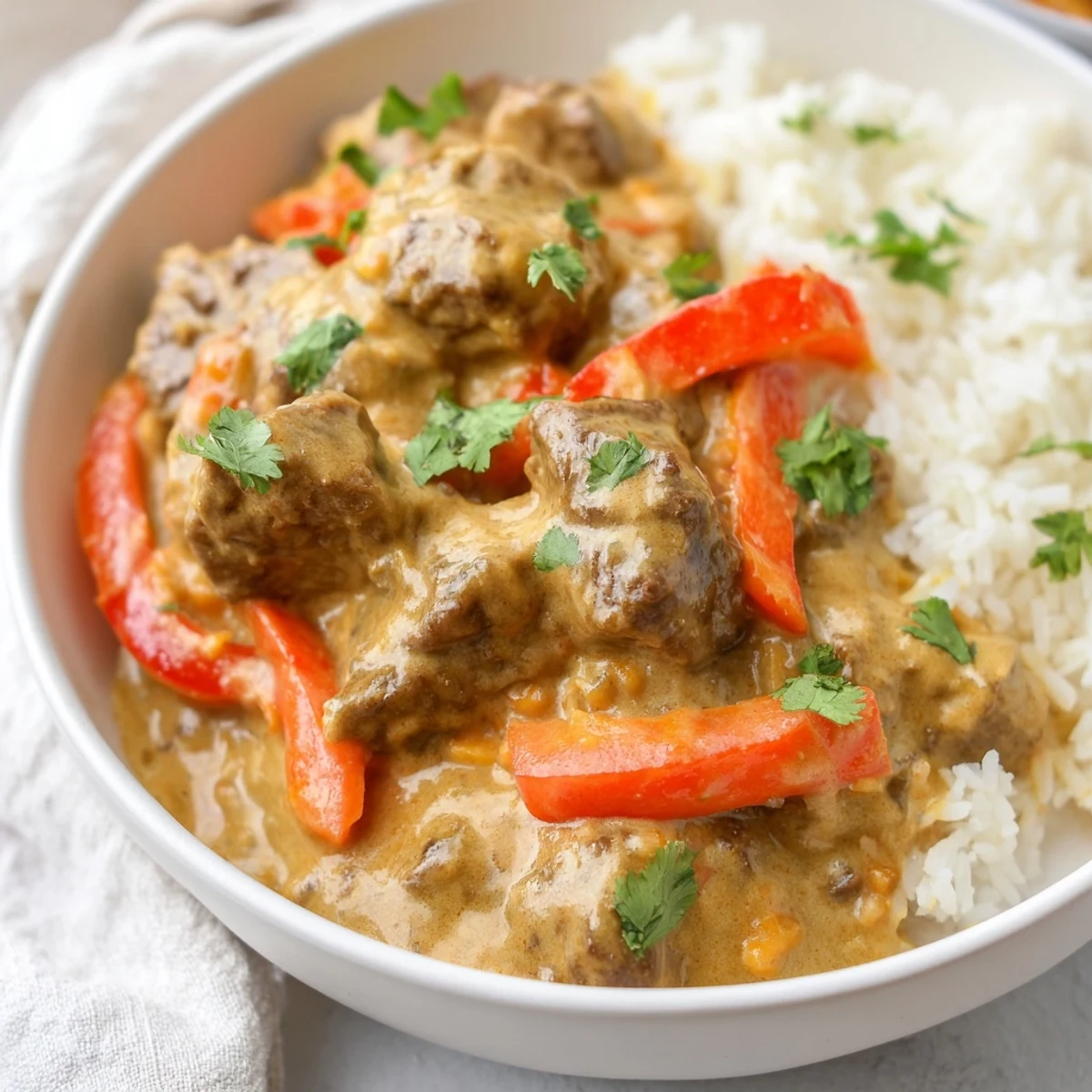 A steaming bowl of Slow Cooker Beef Curry with Coconut Milk, garnished with fresh cilantro, alongside warm naan bread for dipping.