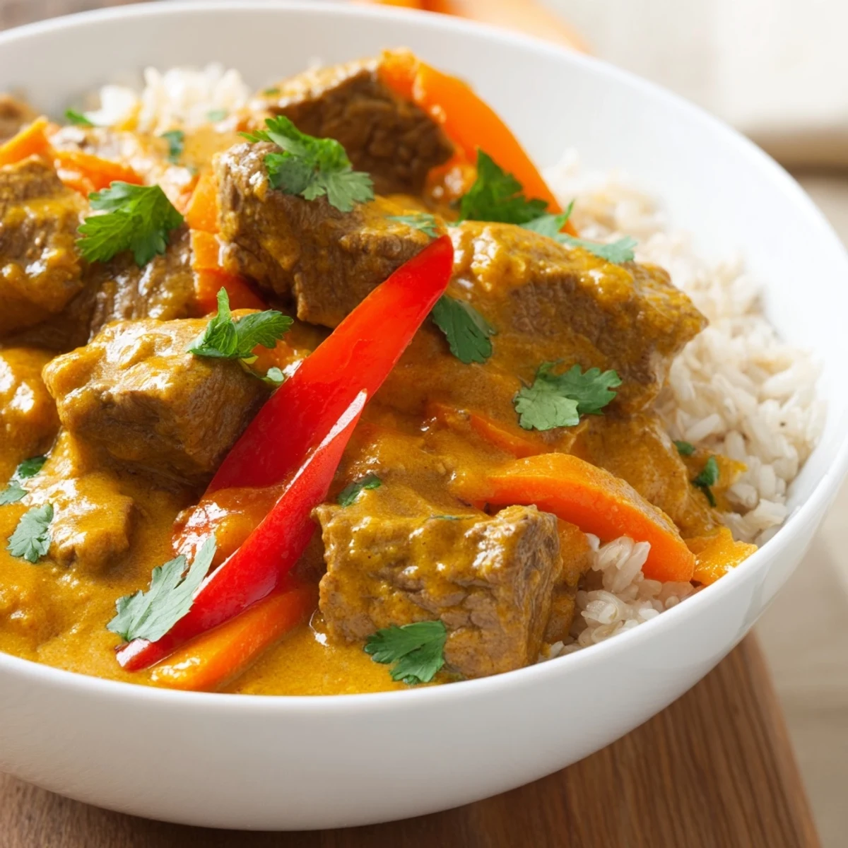 Colorful carrots and red bell peppers in a creamy Slow Cooker Beef Curry with Coconut Milk, ready to be enjoyed family-style.