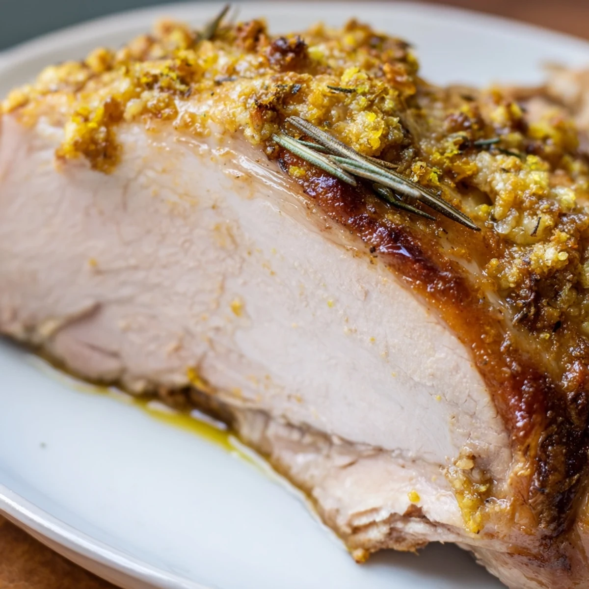 Freshly roasted turkey breast with lemon herb seasoning, glistening with pan juices and golden-brown crispy skin.