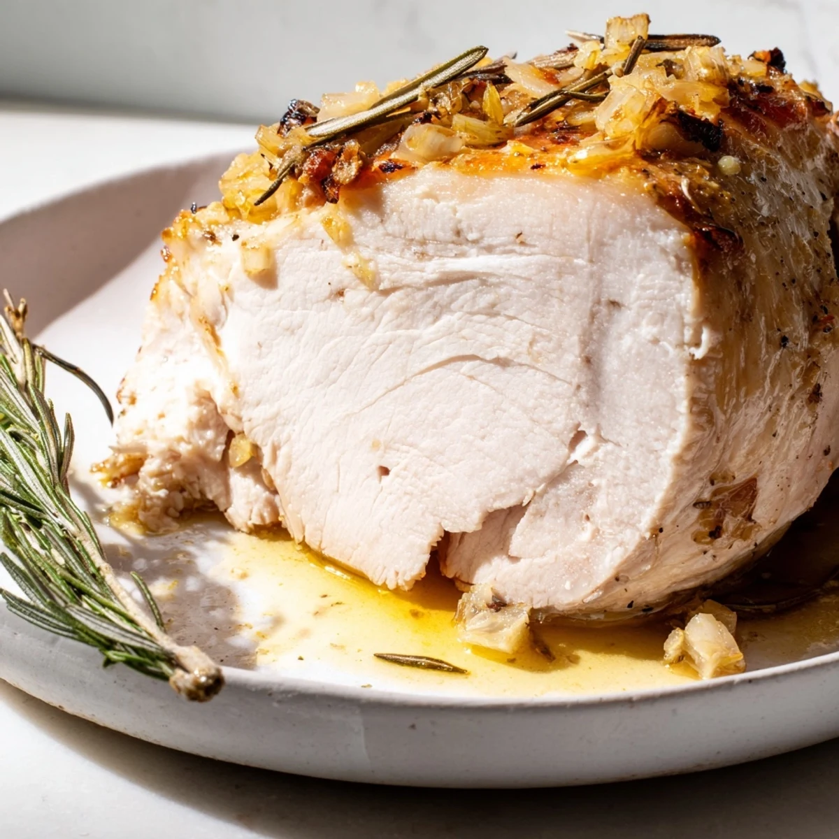 Sliced lemon herb roasted turkey breast served on a platter with roasted vegetables and fresh parsley.