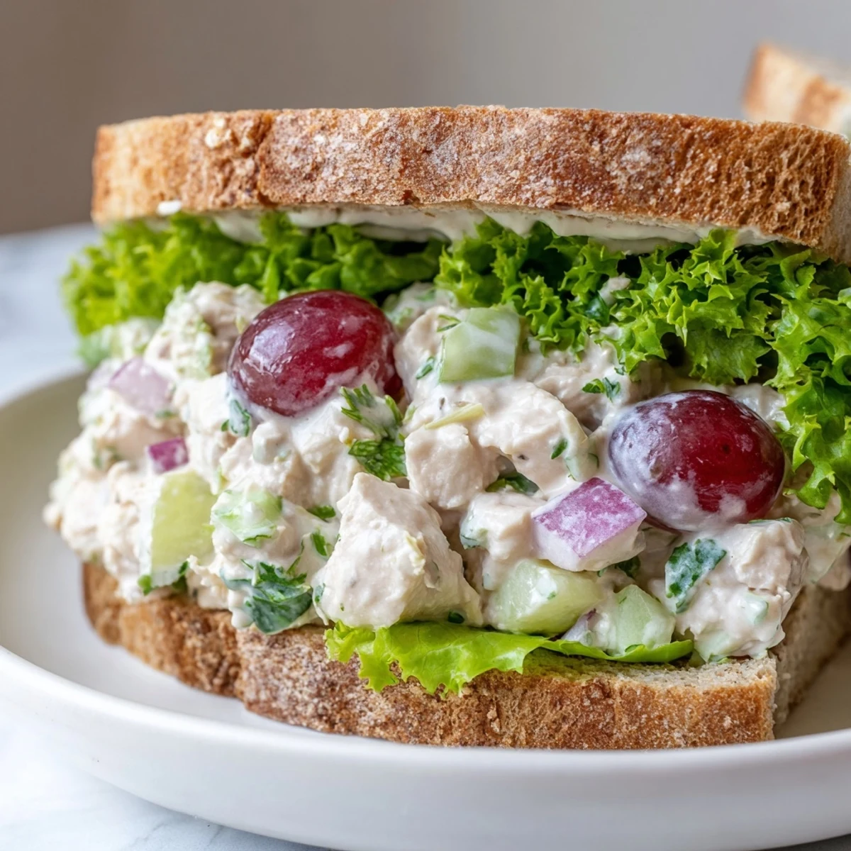 Close-up of a Chicken Salad Sandwich with Grapes showing diced chicken, red grapes, and celery in creamy dressing.