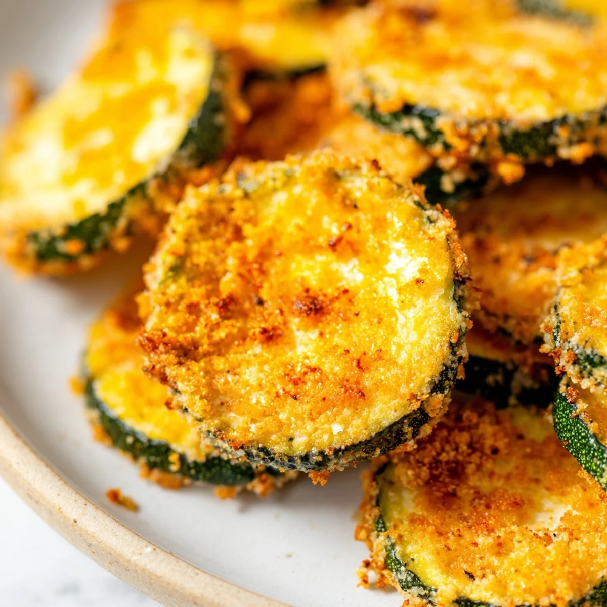 These homemade Crispy Air Fryer Zucchini Chips look crunchy and golden, served with fresh lemon wedges.