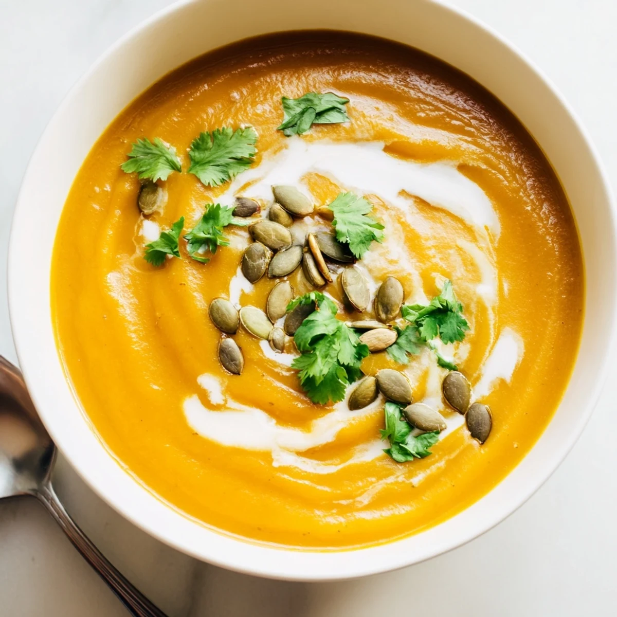 Rich Roasted Butternut Squash Soup with Ginger in a rustic bowl, drizzled with coconut milk.