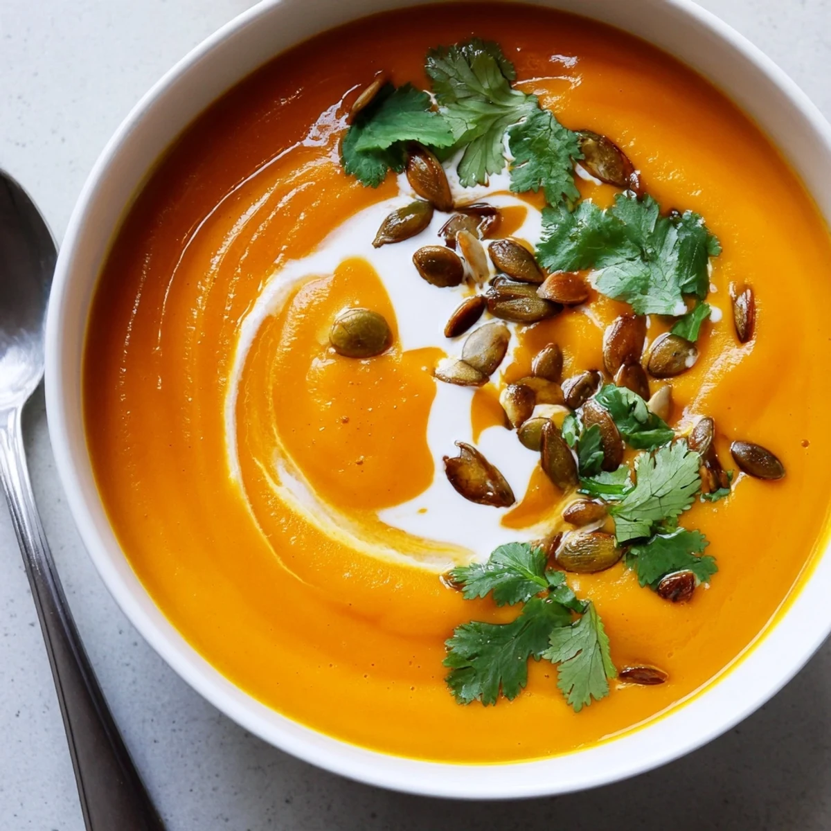 A creamy bowl of Roasted Butternut Squash Soup with Ginger garnished with cilantro and pumpkin seeds.