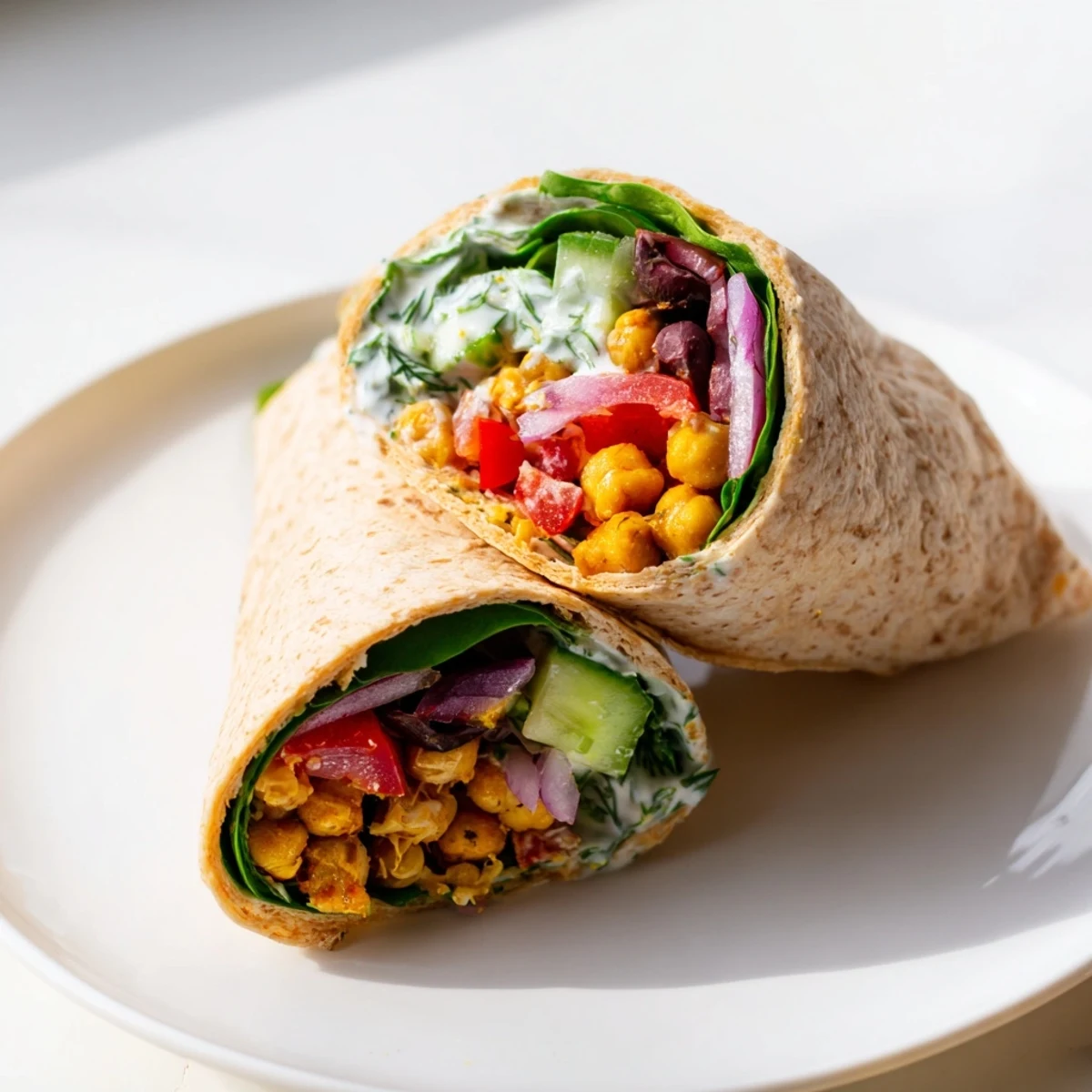 Flavorful Mediterranean Chickpea Wrap stuffed with sautéed chickpeas, feta, olives, and fresh greens on a toasted whole wheat tortilla.