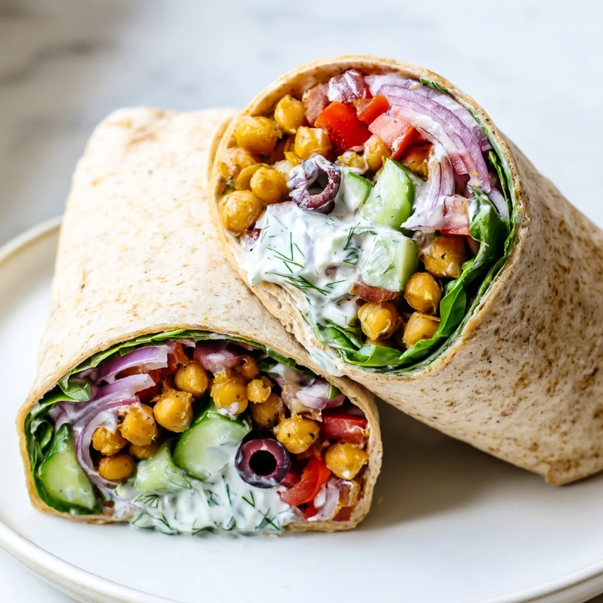 Warm Mediterranean Chickpea Wrap with golden spiced chickpeas, crisp cucumbers, tomatoes, and a dollop of tangy yogurt sauce.
