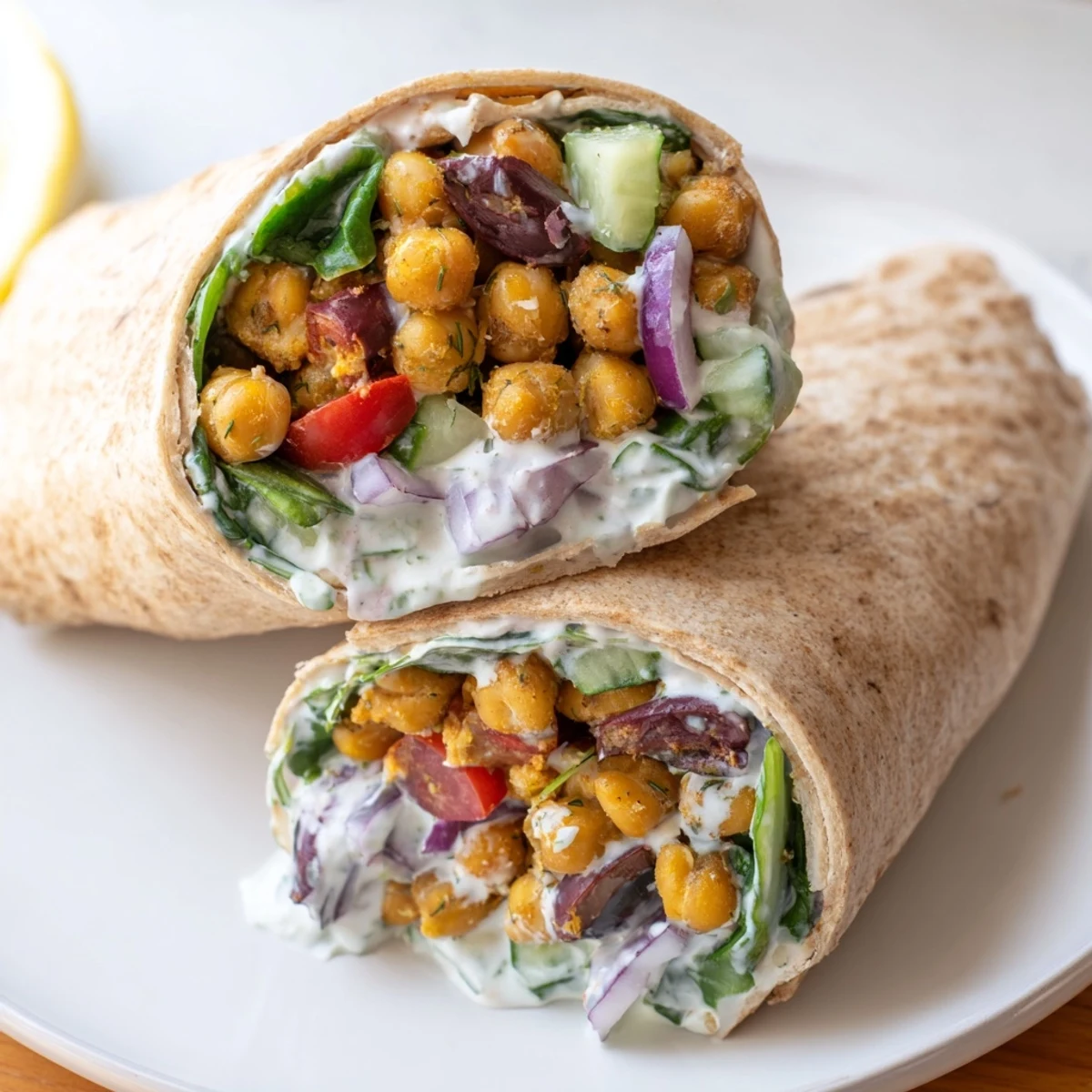 Fresh Mediterranean Chickpea Wrap cut in half on a platter, served with lemon wedges and a side of creamy dill yogurt dip.