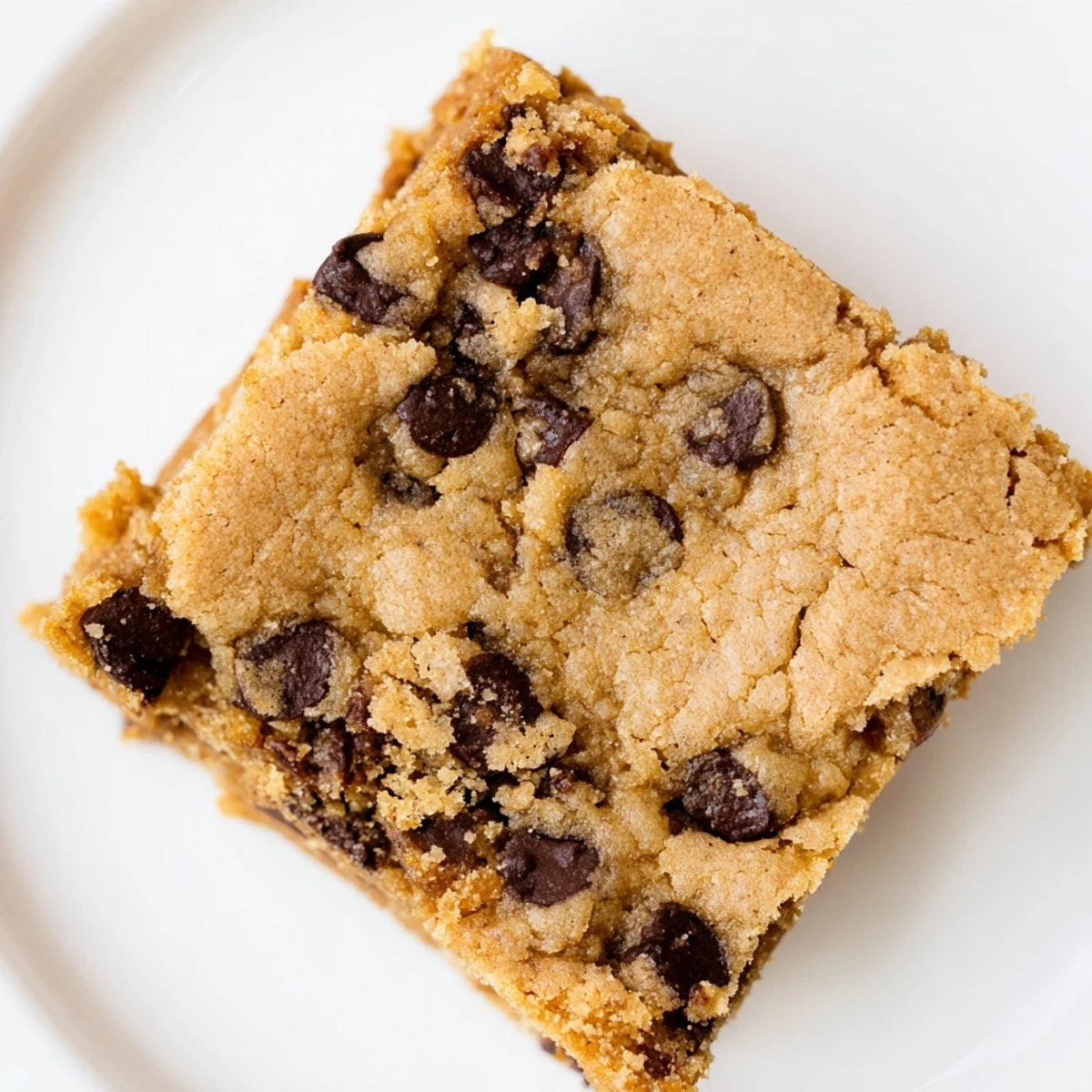 A single stack of Chocolate Chip Cookie Bars shows off generous semisweet chocolate chips melting in a buttery, brown sugar crumb.