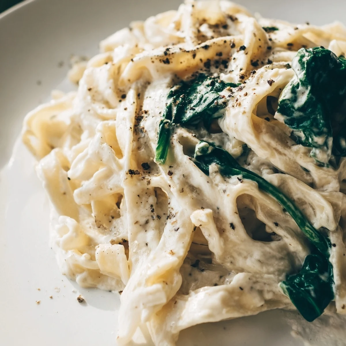 Steam rises from the skillet of Creamy Spinach Pasta with Garlic, featuring wilted greens and grated Parmesan.