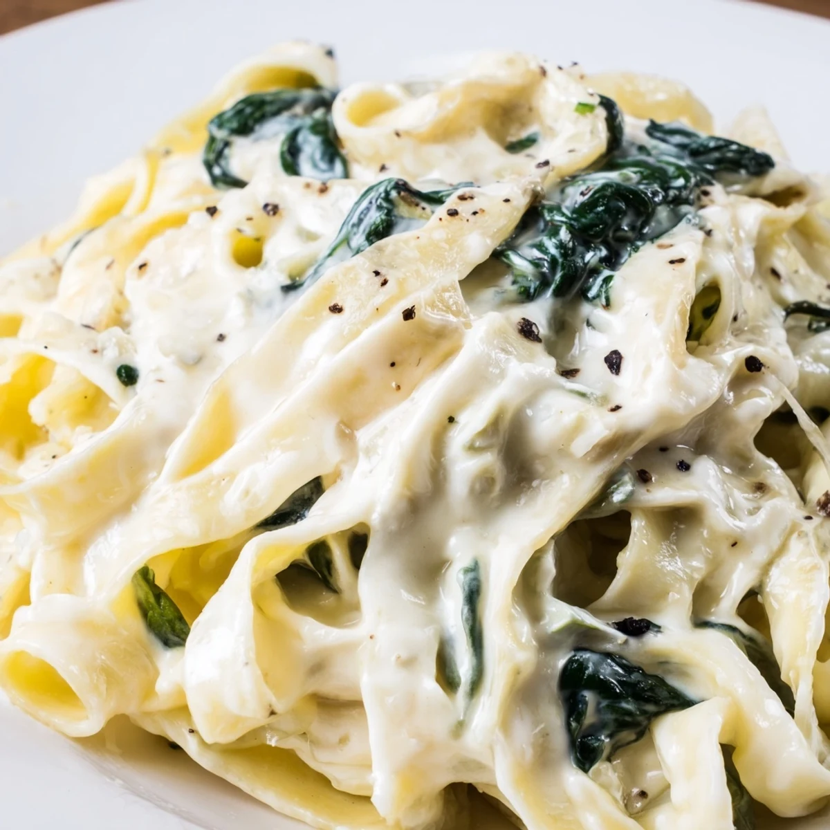 Close-up of Creamy Spinach Pasta with Garlic, showcasing penne coated in silky sauce and fresh garlic garnish.