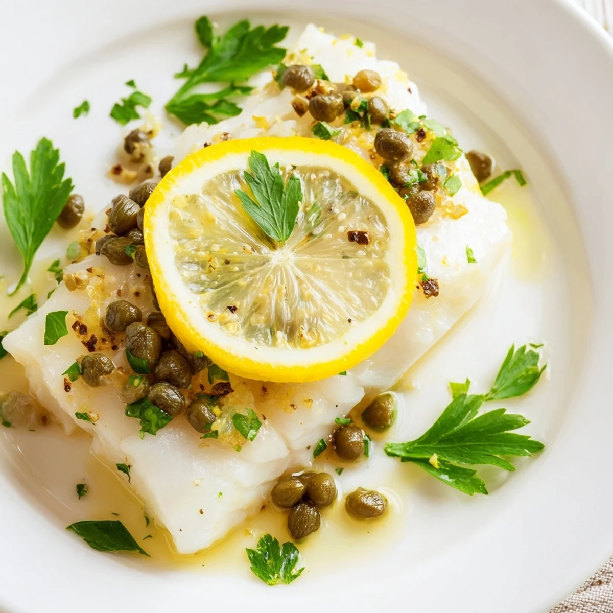 Tender flaky Baked Cod with Lemon and Capers in a baking dish, featuring bright lemon slices and briny capers.