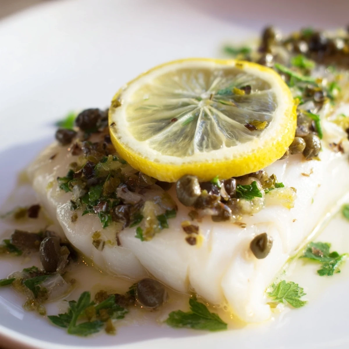 Golden-brown Baked Cod with Lemon and Capers fresh from the oven, garnished with fresh parsley and ready to serve.