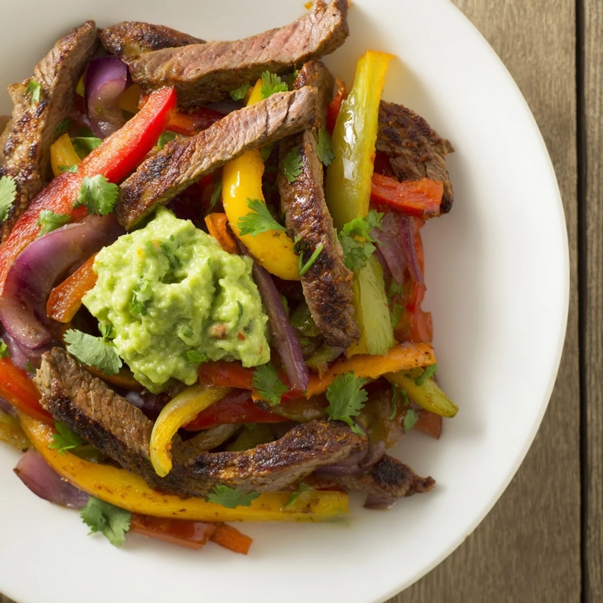 Sizzling beef fajitas with peppers and onions on a hot skillet, garnished with lime wedges and cilantro for a Tex-Mex dinner.