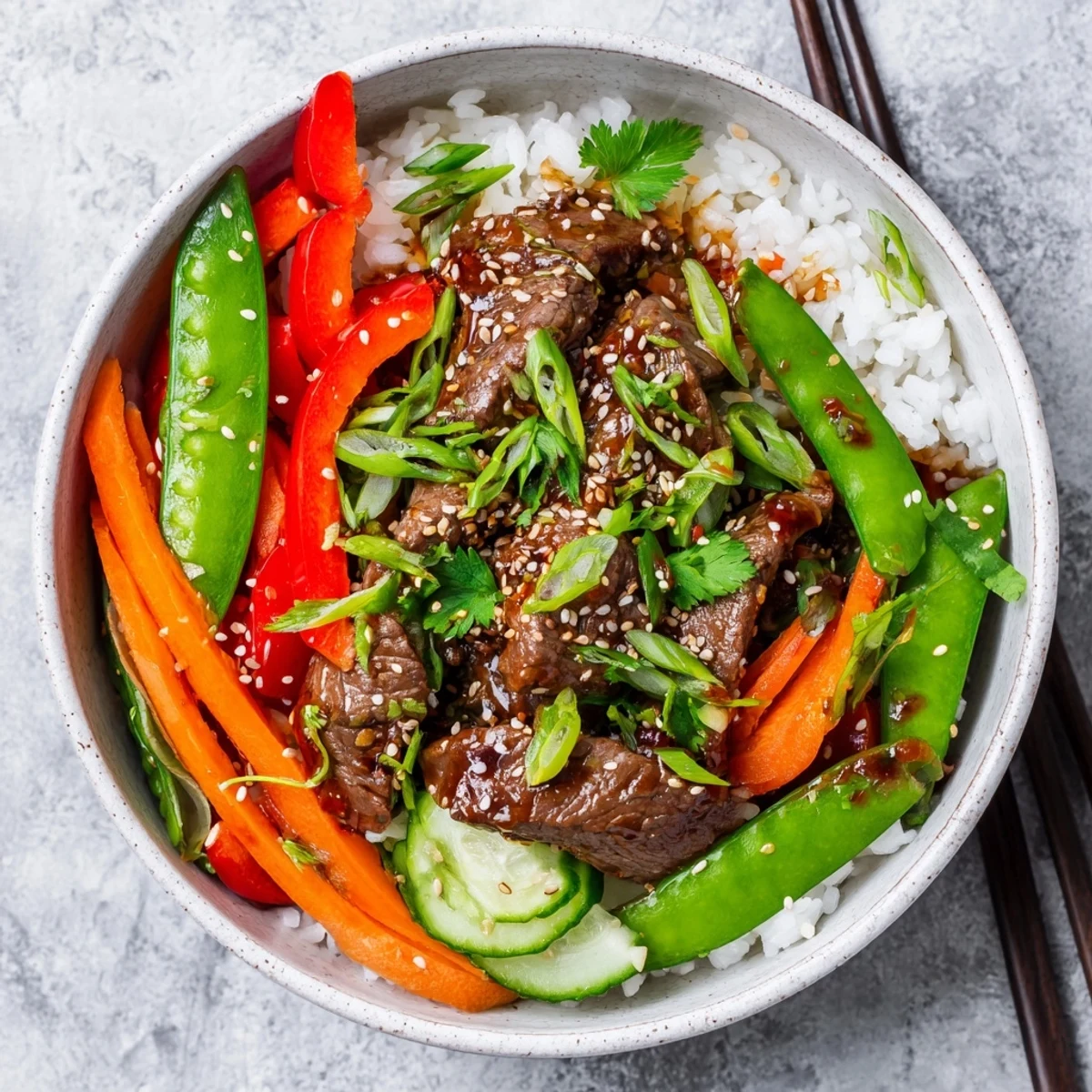 Glossy sauce coats beef and veggies in a vibrant lunch bowl, garnished with green onions and sesame for a flavorful bite.