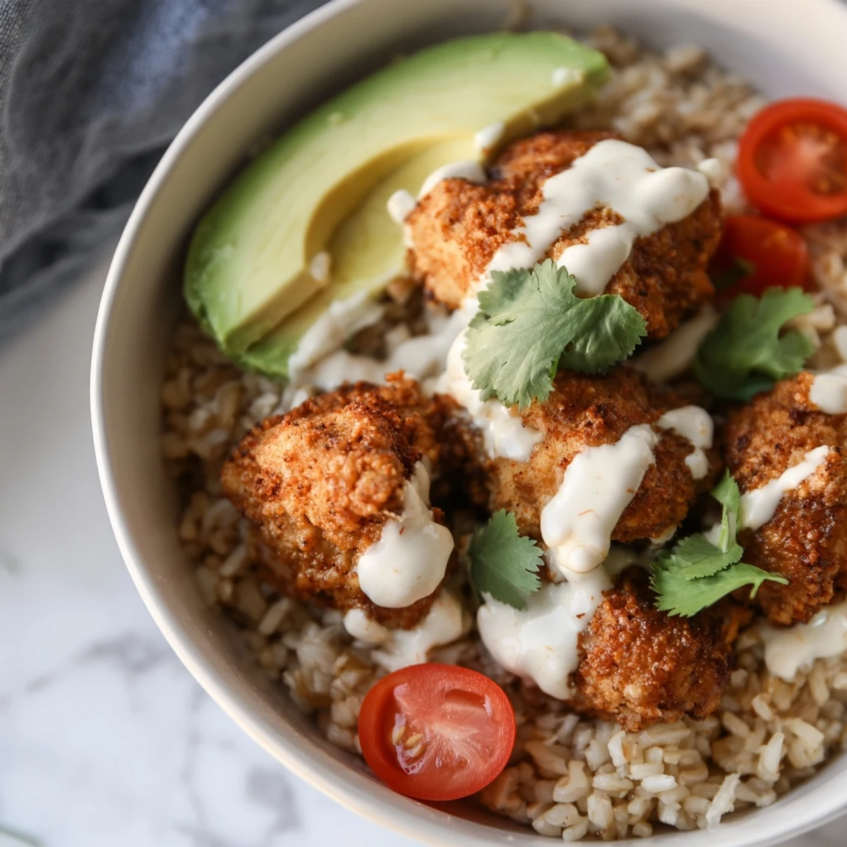 Spicy Lunch Bowl with grilled chicken, avocado, and brown rice topped with creamy spicy sauce.