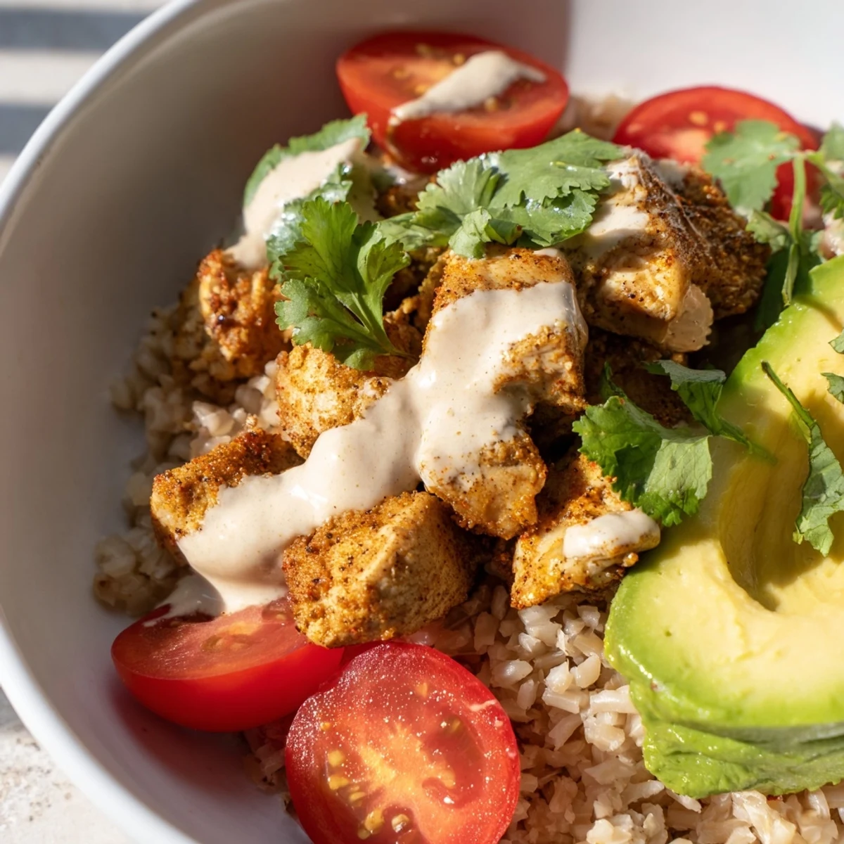 A close-up of colorful vegetables and zesty sauce on this satisfying high-protein midday meal.