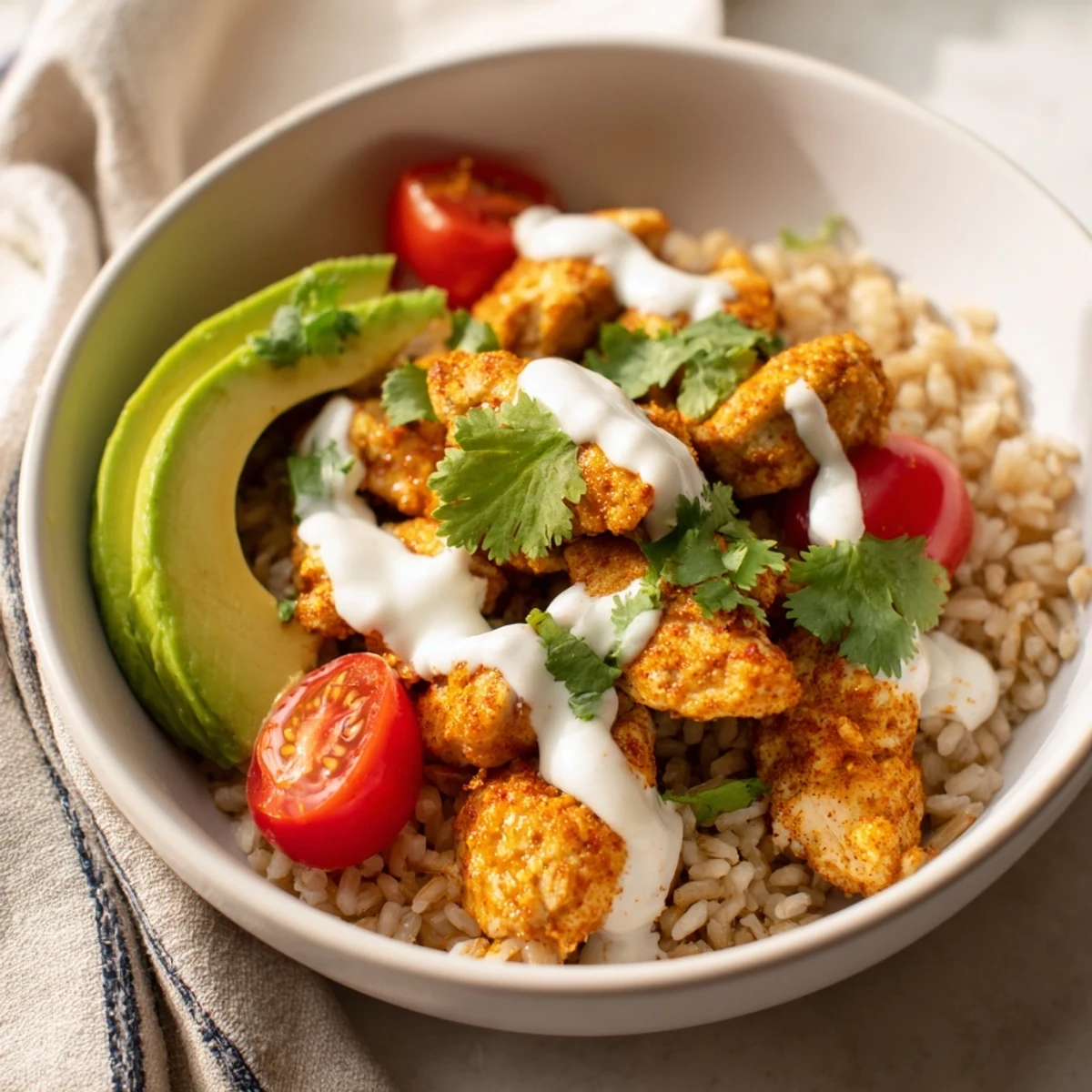 Fresh spinach, cherry tomatoes, and cucumber add crisp texture to a vibrant Spicy Lunch Bowl.