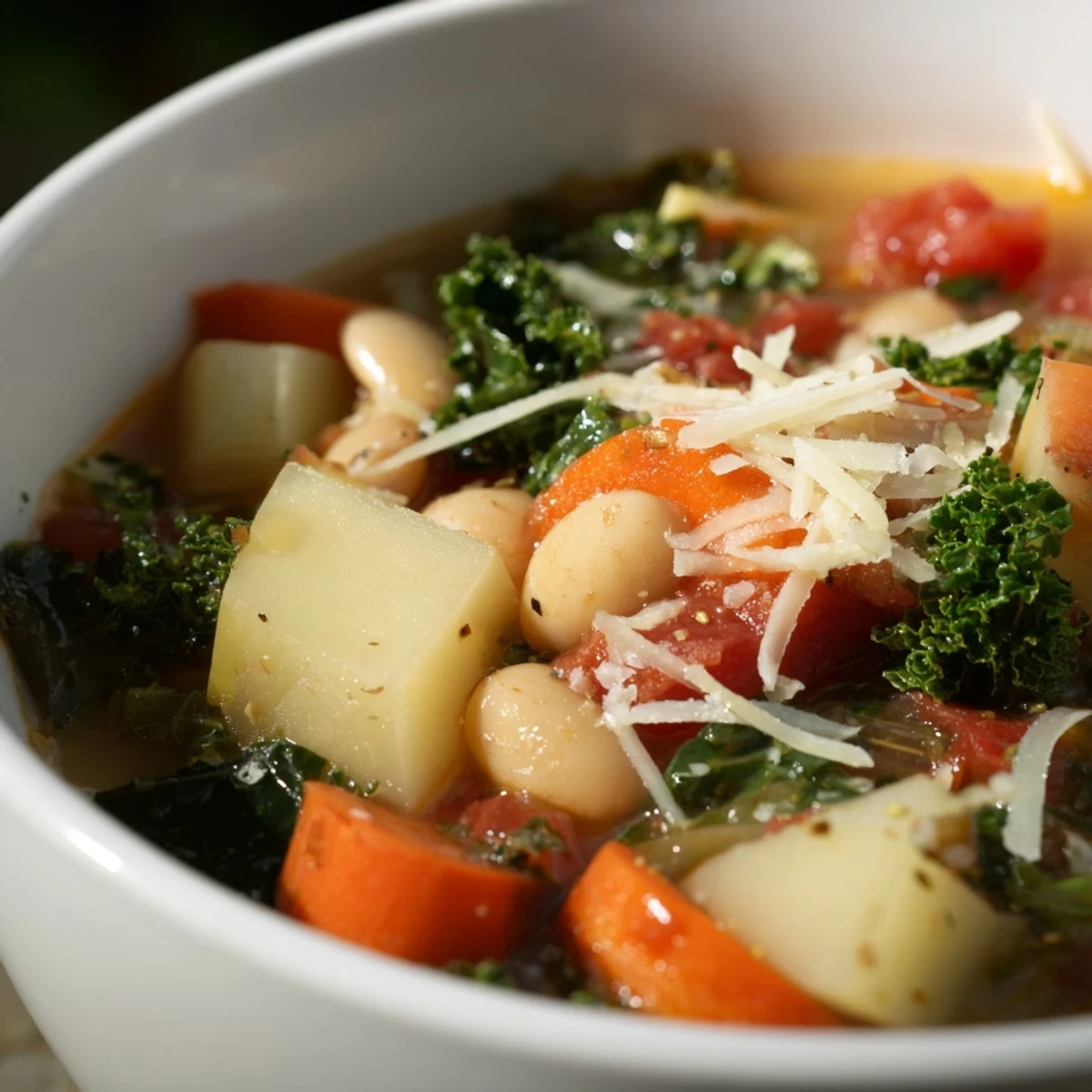 Steaming bowl of Winter Lunch Soup with carrots, kale, and creamy beans.