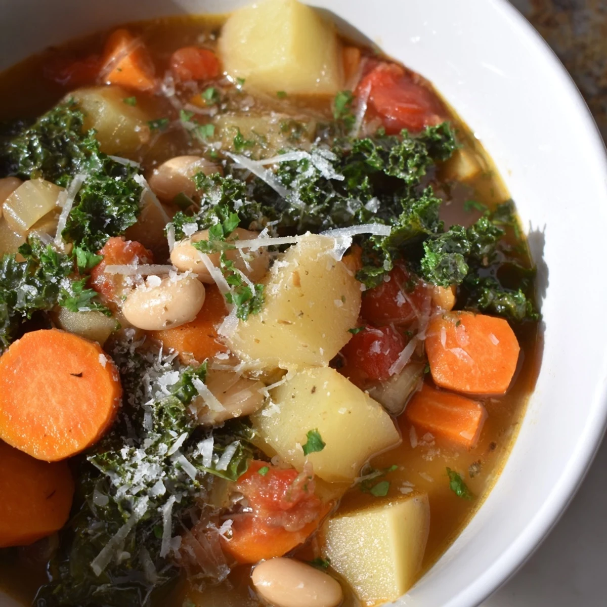 A close-up of Winter Lunch Soup, topped with fresh parsley and crusty bread.