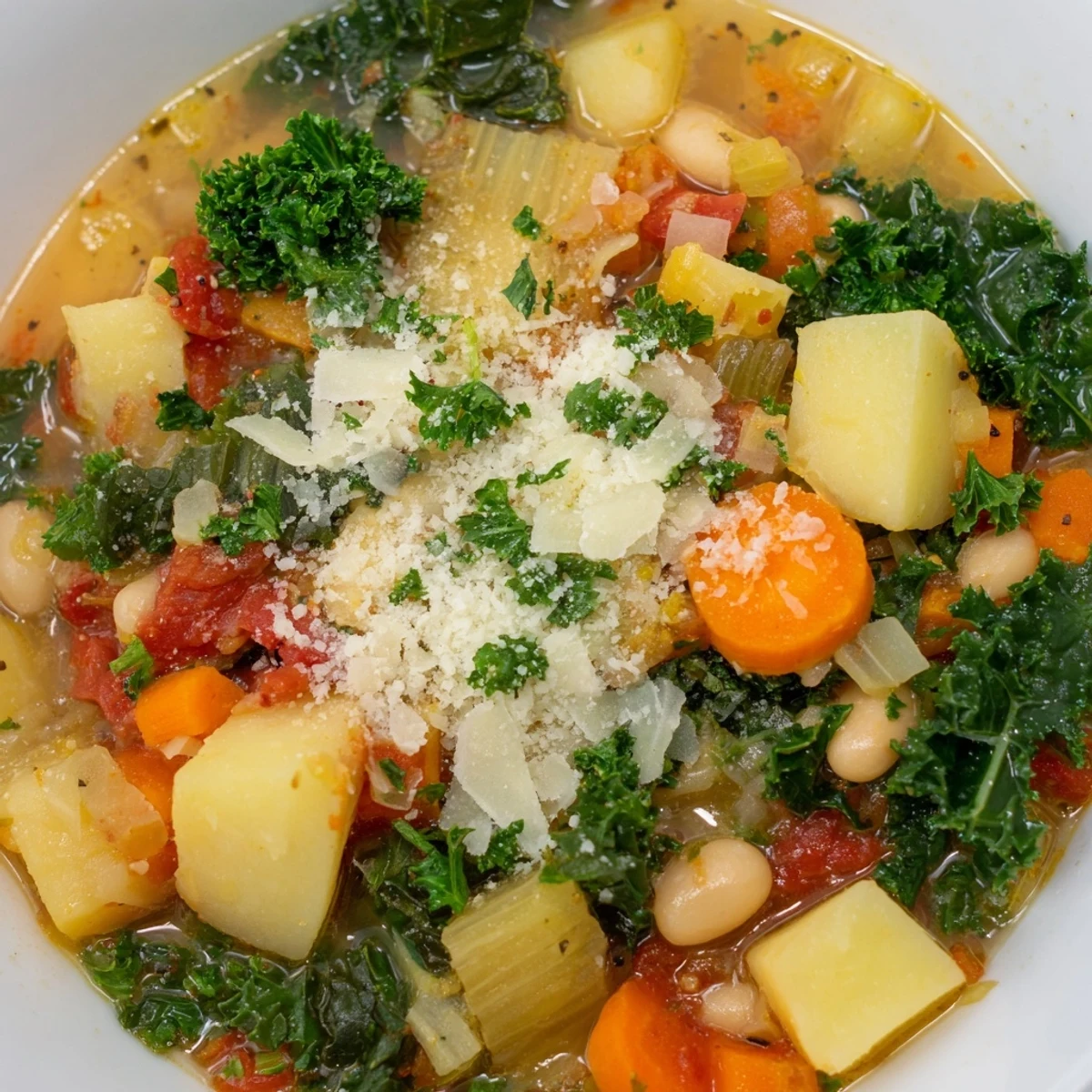 Hearty Winter Lunch Soup in a rustic bowl, served with grated Parmesan and thyme.
