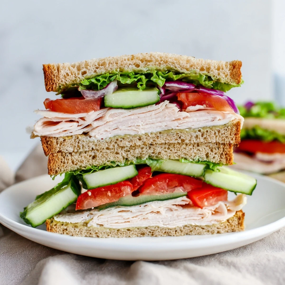 Savory Turkey Lunch Sandwich stacked high with tender turkey and creamy mayonnaise, served beside crunchy chips and a crisp apple.