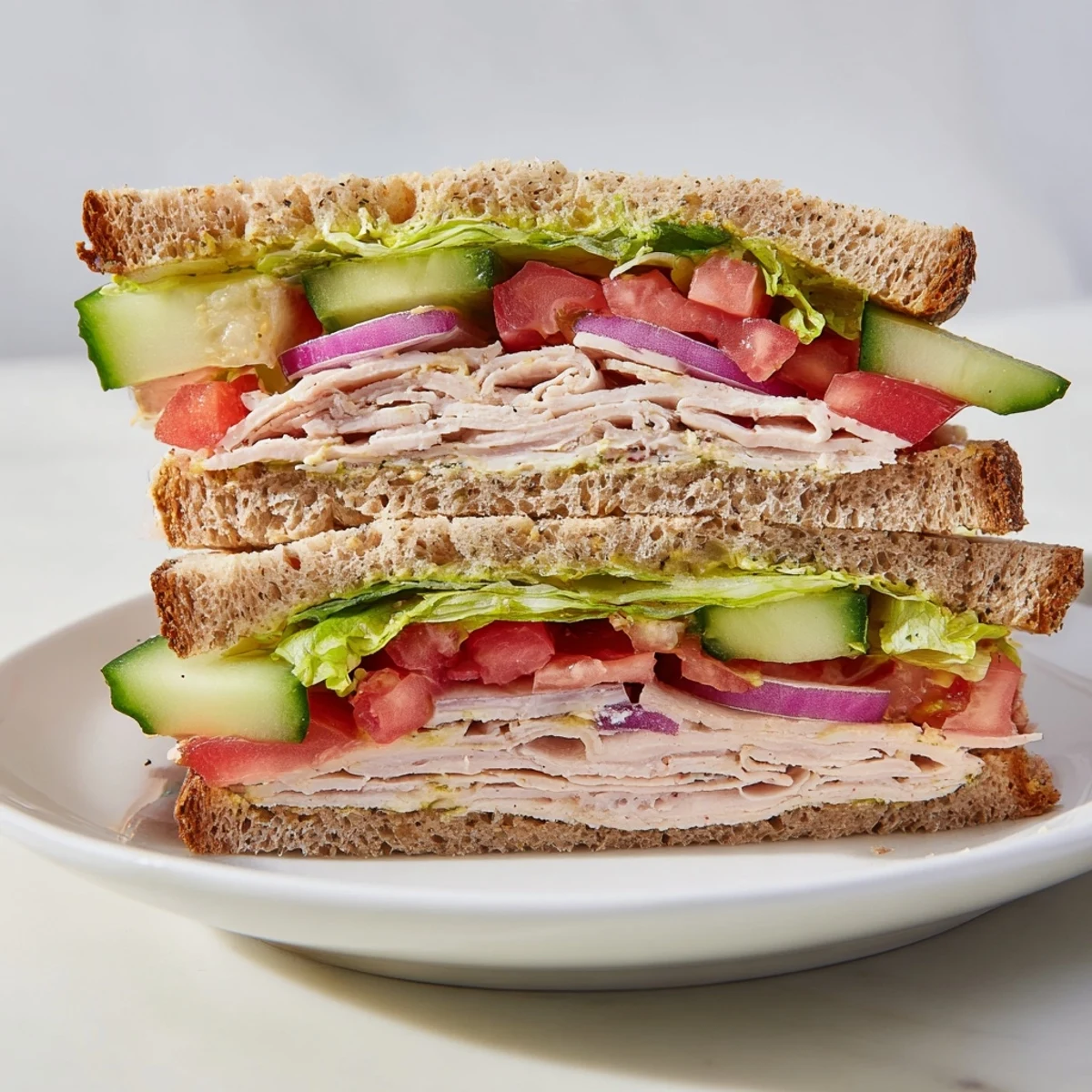 Freshly made Turkey Lunch Sandwich cut diagonally on a plate, with crisp lettuce, ripe tomato slices, and crunchy cucumber peeking out.