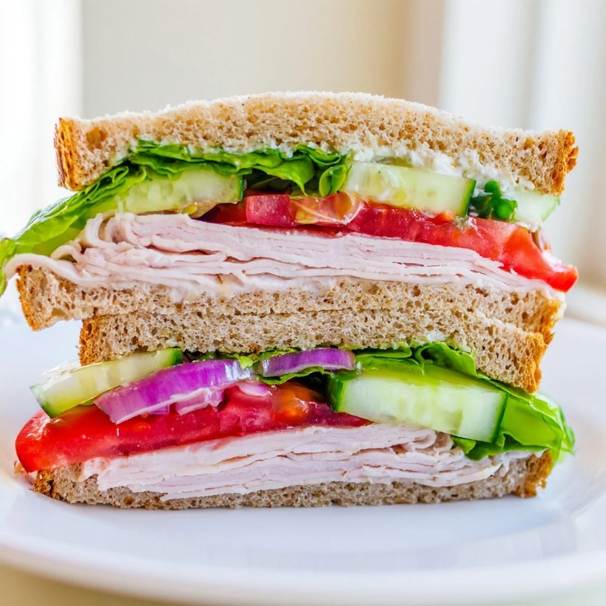 Homemade Turkey Lunch Sandwich on whole wheat bread, layered with juicy turkey, fresh vegetables, and a light Dijon mustard spread.