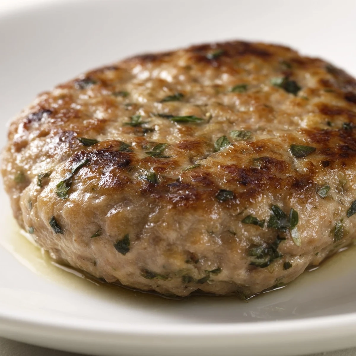 Golden-brown homemade Chicken Breakfast Sausage patties sizzling in a skillet with fresh herbs.