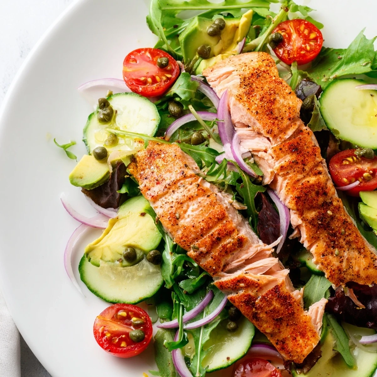 Freshly baked salmon flakes easily over crisp salad greens, cucumbers, and bright cherry tomatoes in this Baked Salmon Lunch Salad.