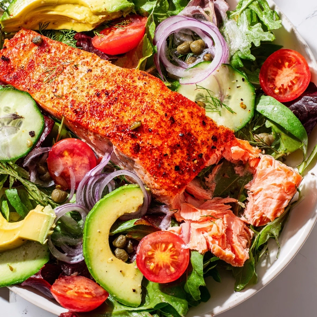 Golden-baked salmon rests on a fresh salad with cucumbers, tomatoes, and a drizzle of zesty lemon-dill dressing in this Baked Salmon Lunch Salad.