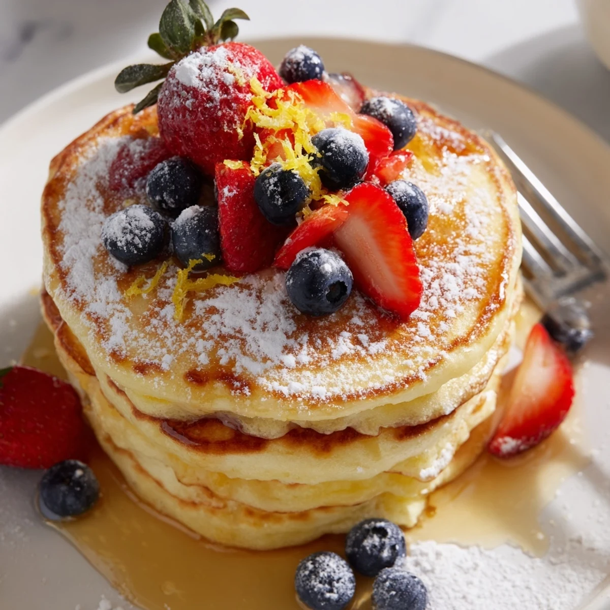 Golden-brown Lemon Breakfast Pancakes stacked high, drizzled with maple syrup and topped with fresh berries.