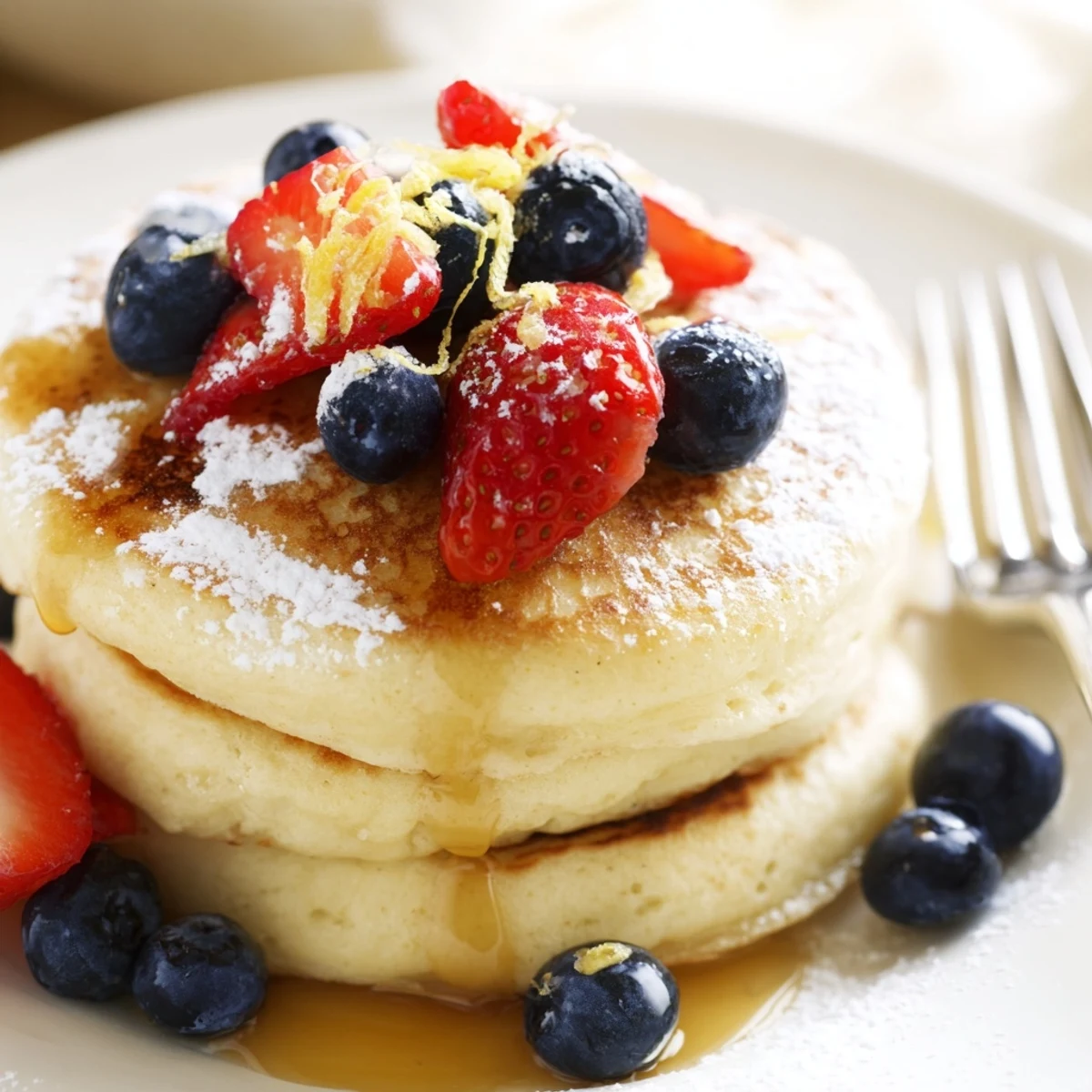 Warm Lemon Breakfast Pancakes served on a white plate with powdered sugar and lemon zest.