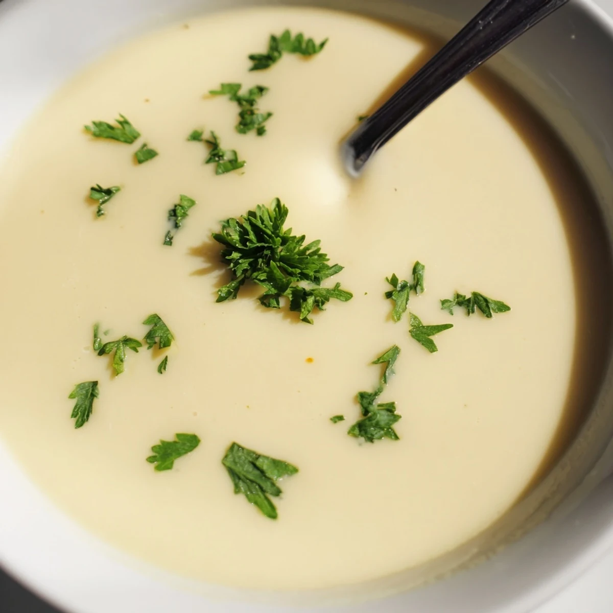 Overhead view of a bowl of Creamy Lunch Soup, creamy texture dotted with tender carrots and potato pieces.
