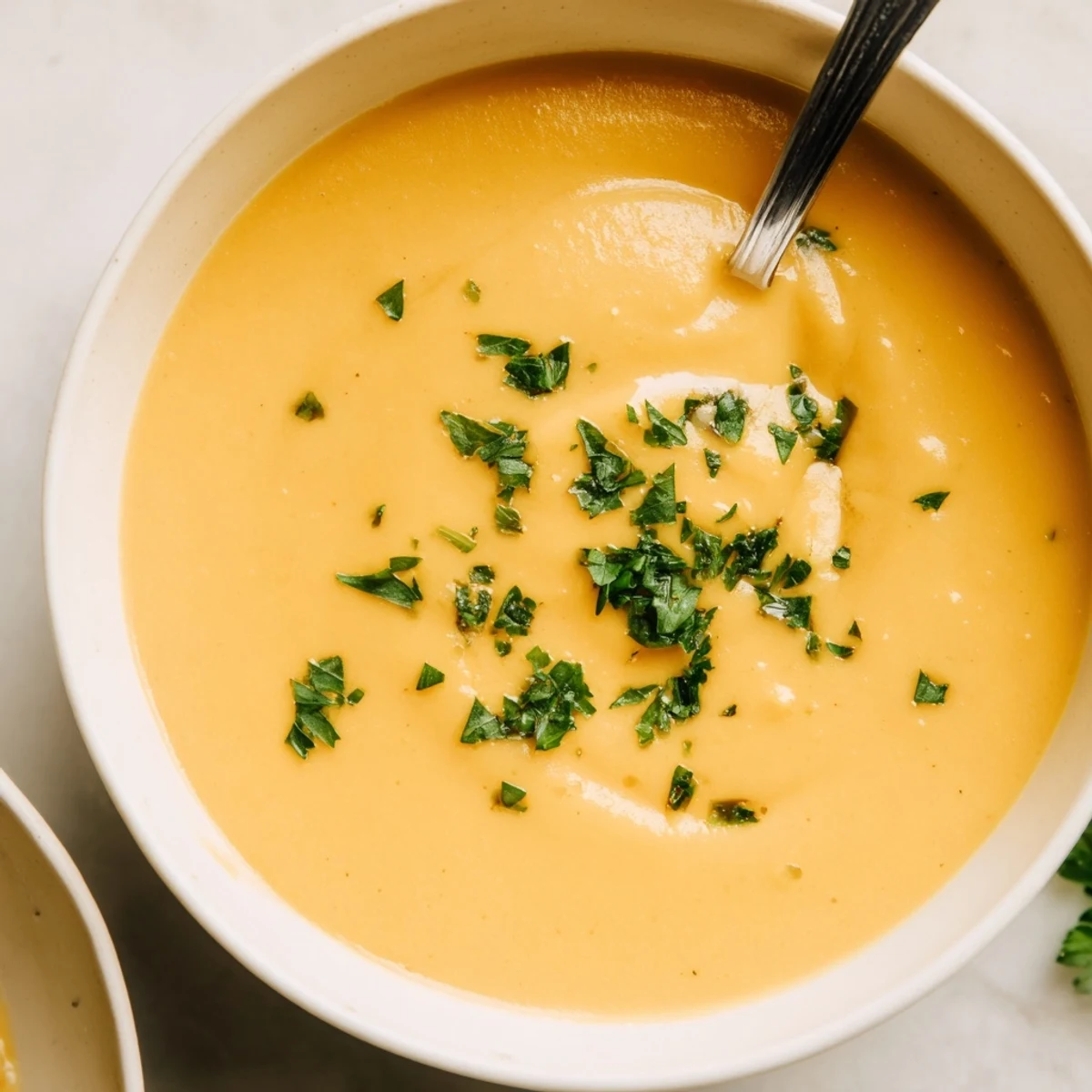 A spoonful of velvety Creamy Lunch Soup garnished with fresh parsley, paired with crusty artisan bread on the side.