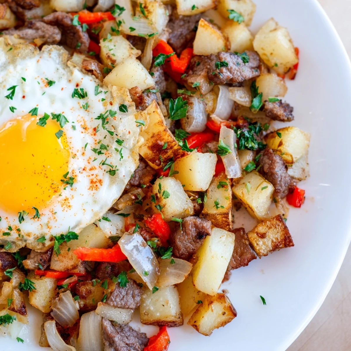 Golden crispy potatoes, tender beef, and sautéed red peppers sizzle together in this hearty Beef Breakfast Hash served in a skillet.