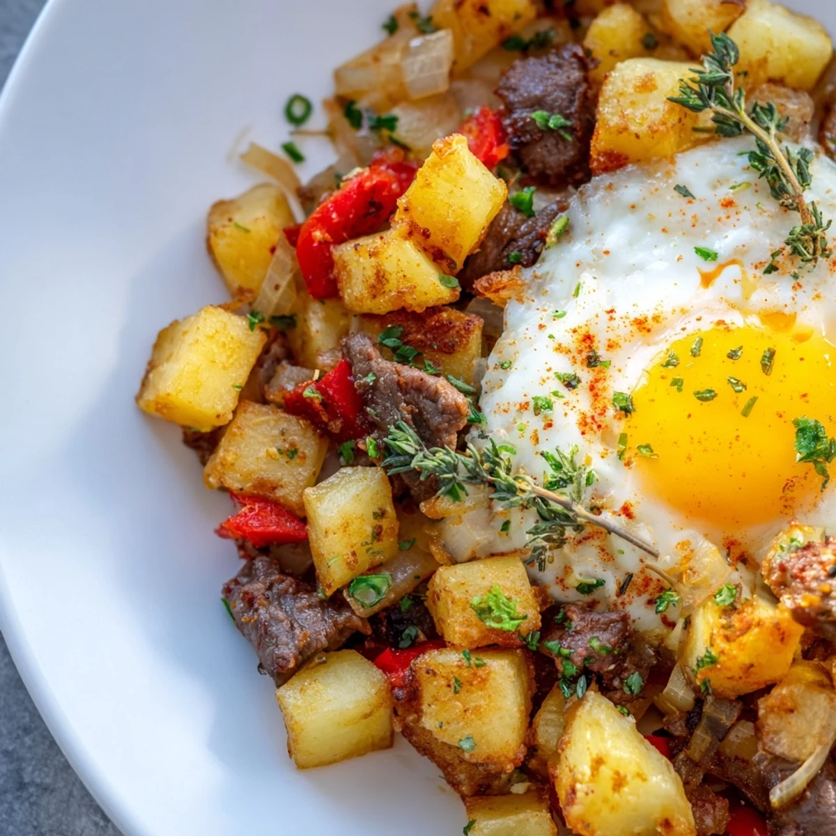 A rustic skillet of savory Beef Breakfast Hash topped with sunny-side-up eggs and fresh green onions makes a protein-packed morning meal.