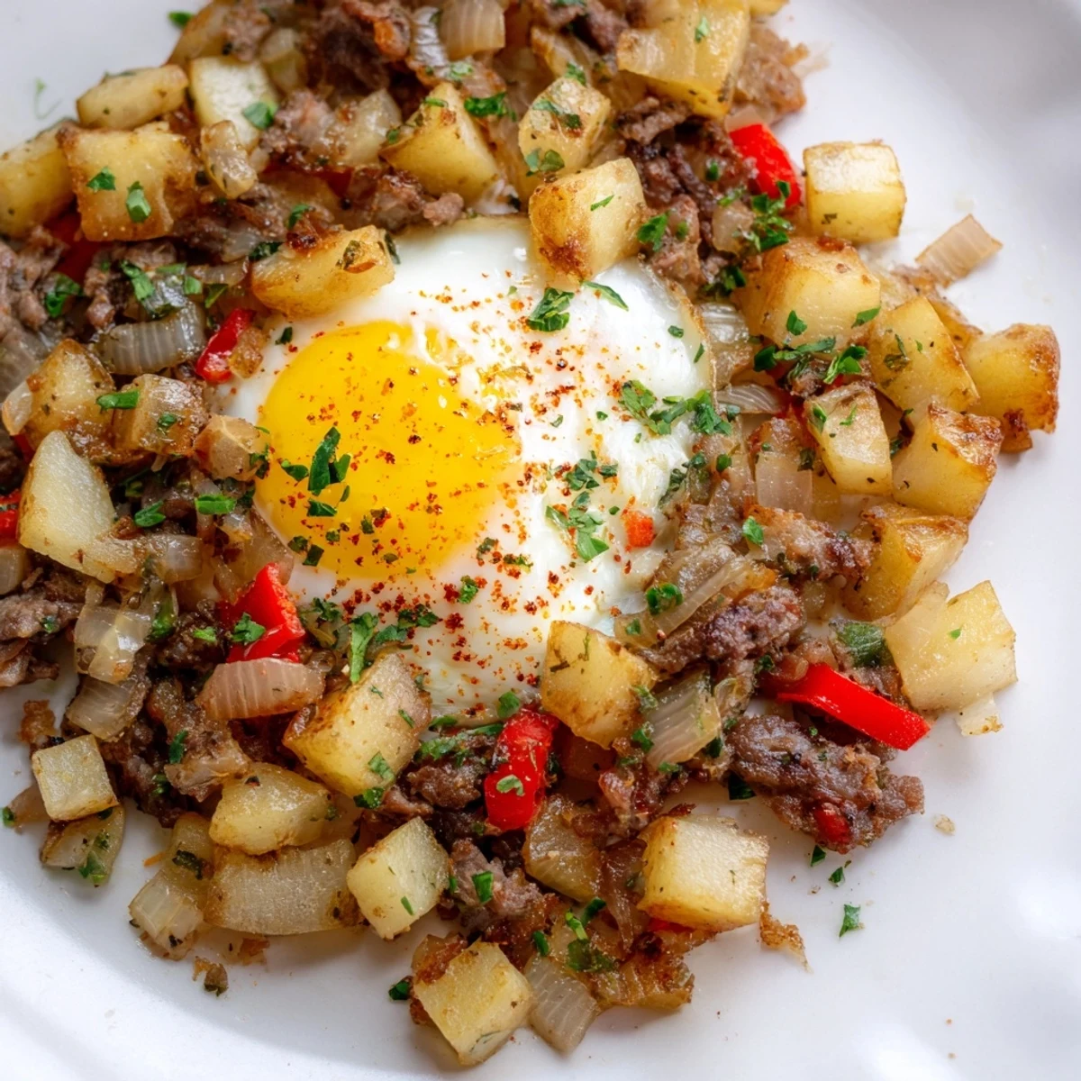 Sizzling beef and diced potatoes with paprika and thyme create a vibrant, gluten-free Beef Breakfast Hash, perfect for an energizing breakfast.
