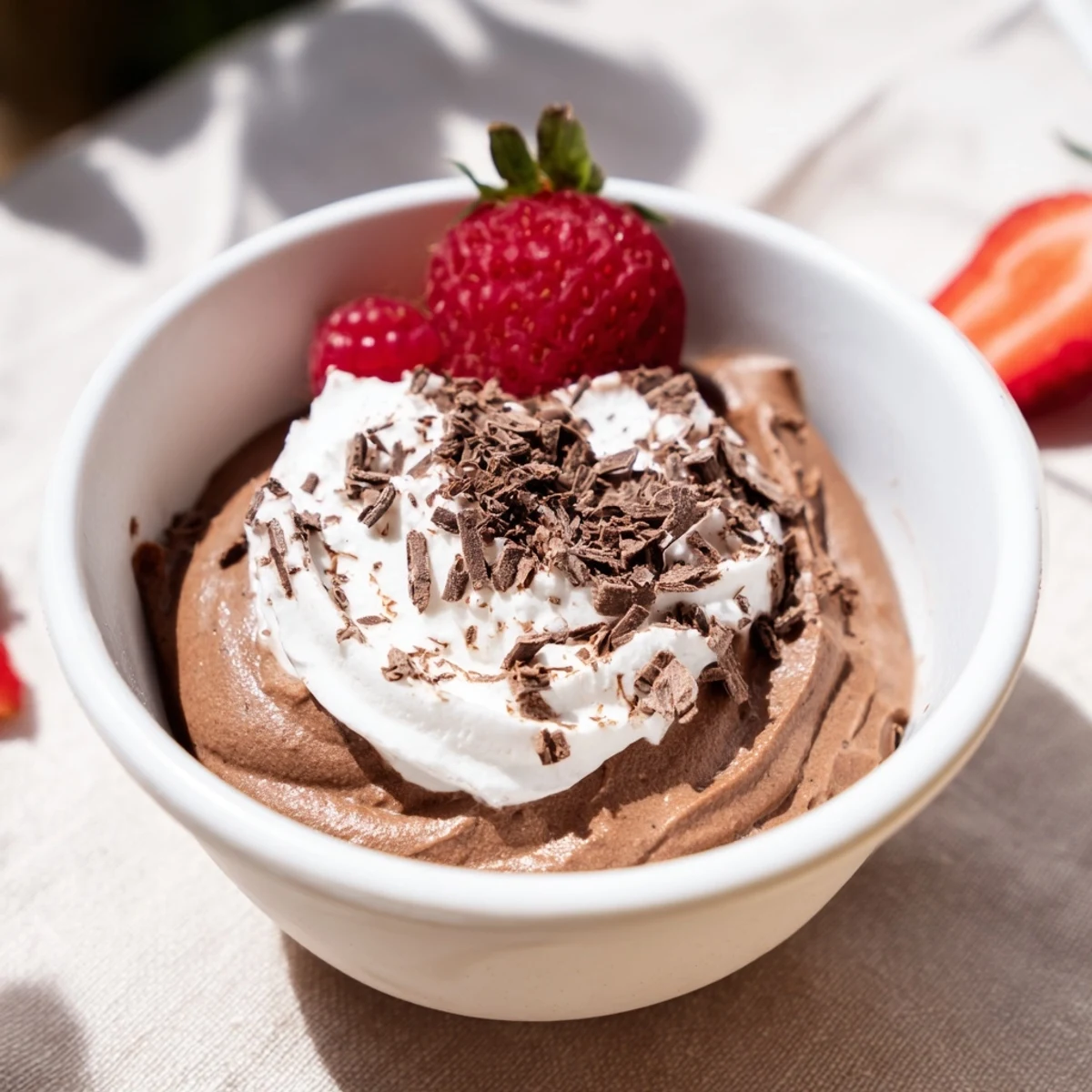 A chilled, creamy Chocolate Lunch Dessert in a glass, topped with chocolate shavings and bright red raspberries