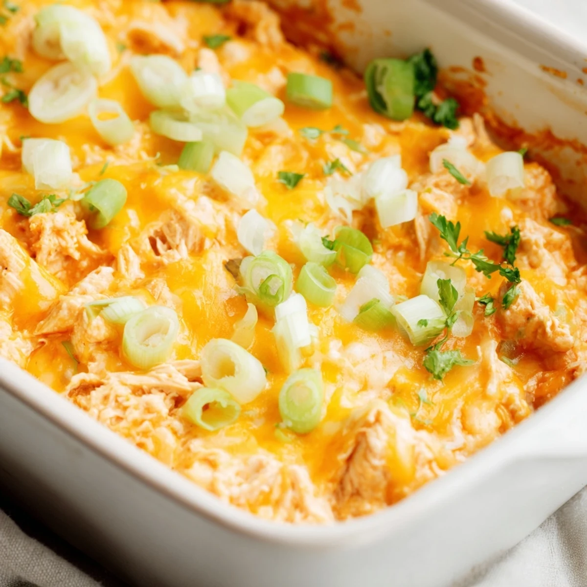 Golden tortilla chips dipping into a warm bowl of Spicy Buffalo Chicken Dip, creamy texture dotted with shredded chicken and fresh green onions.