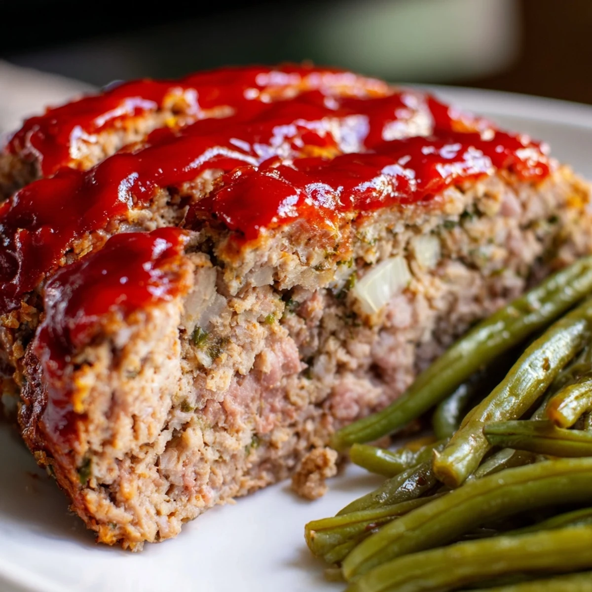 Sliced Turkey Meatloaf with Glaze and Green Beans plated with garlic green beans, perfect for a weeknight dinner.