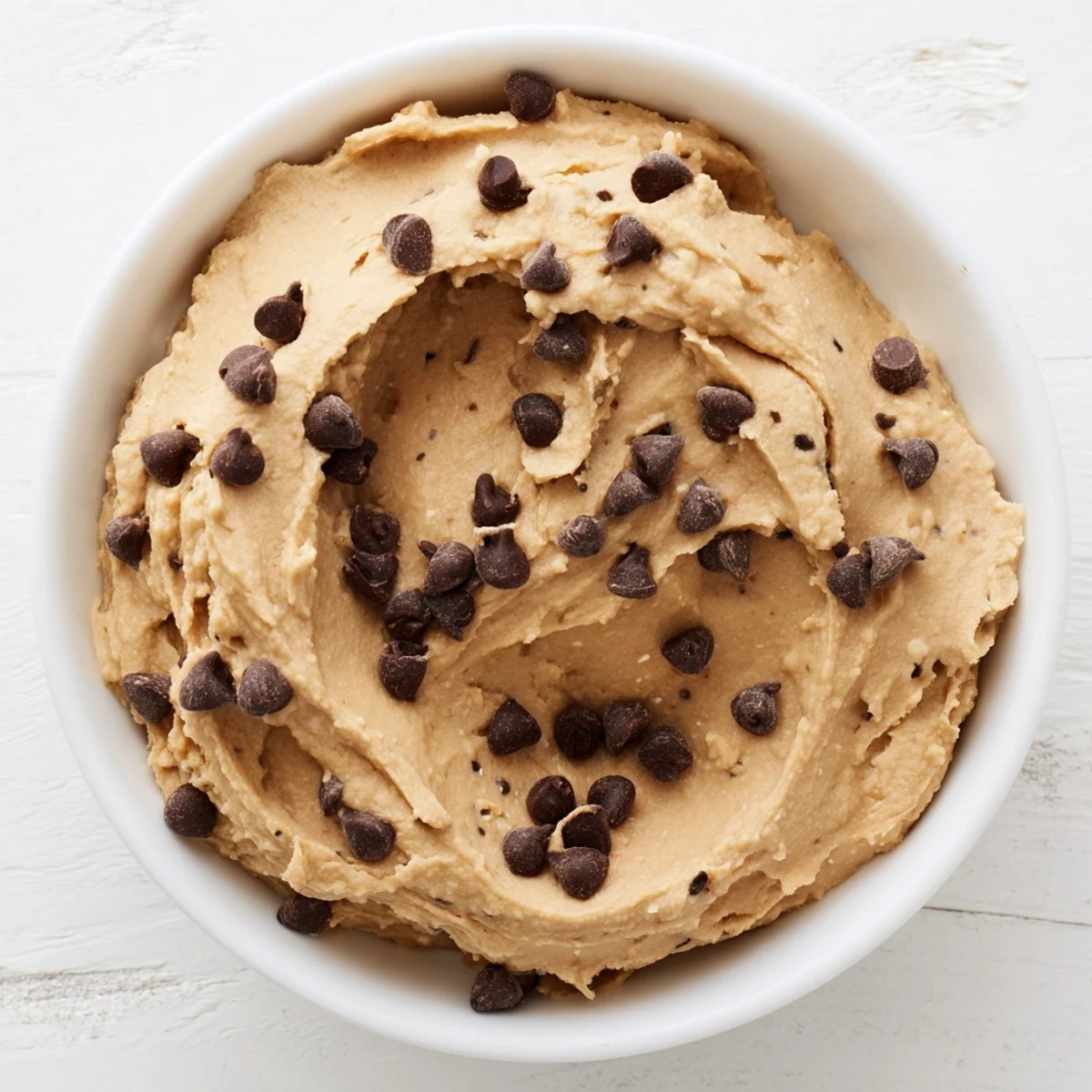 This healthy Chocolate Chip Cookie Dough Hummus is swirled with mini chocolate chips and served from a rustic ceramic bowl.