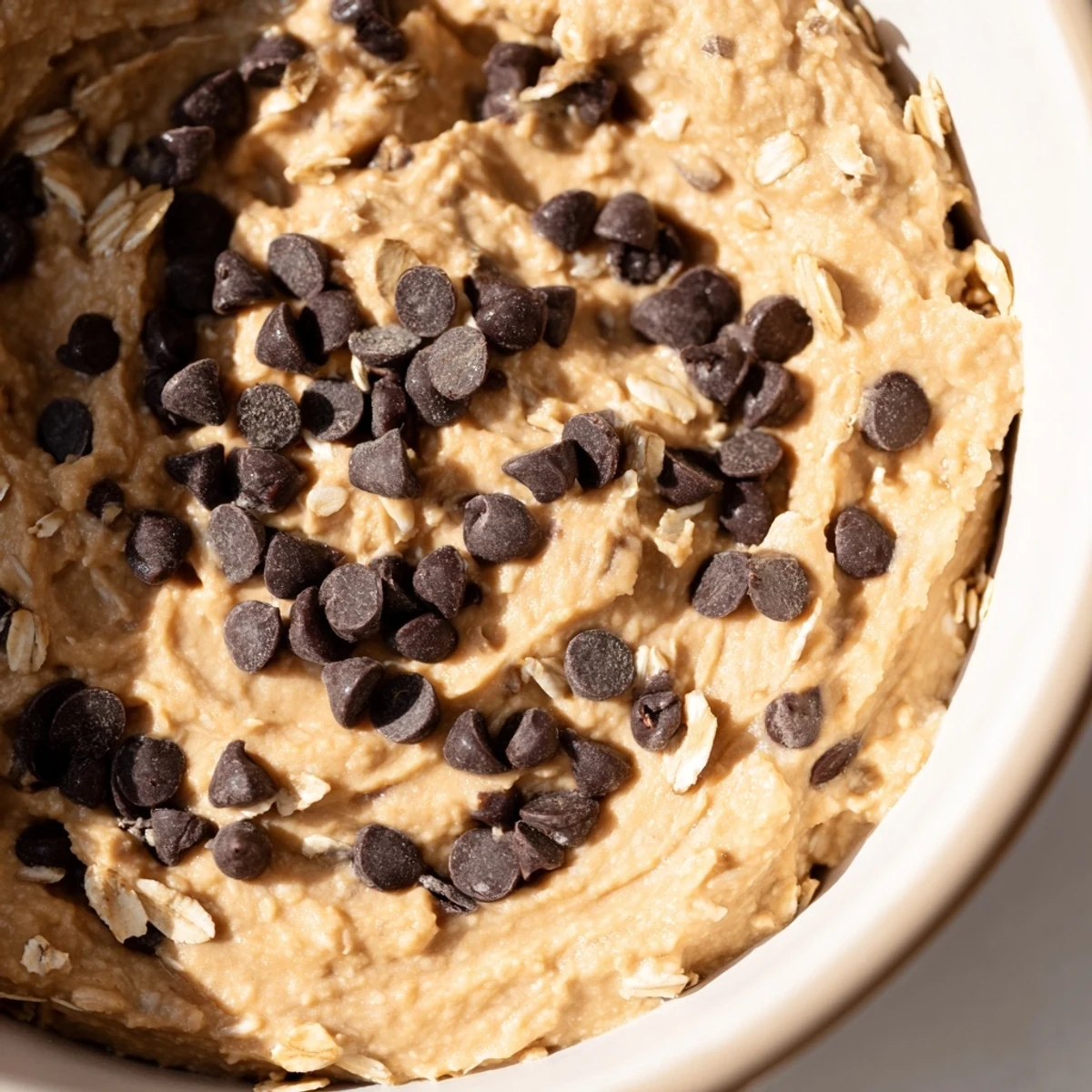 A scoop of Chocolate Chip Cookie Dough Hummus in a white bowl, with apple slices and pretzel rods ready for dipping.