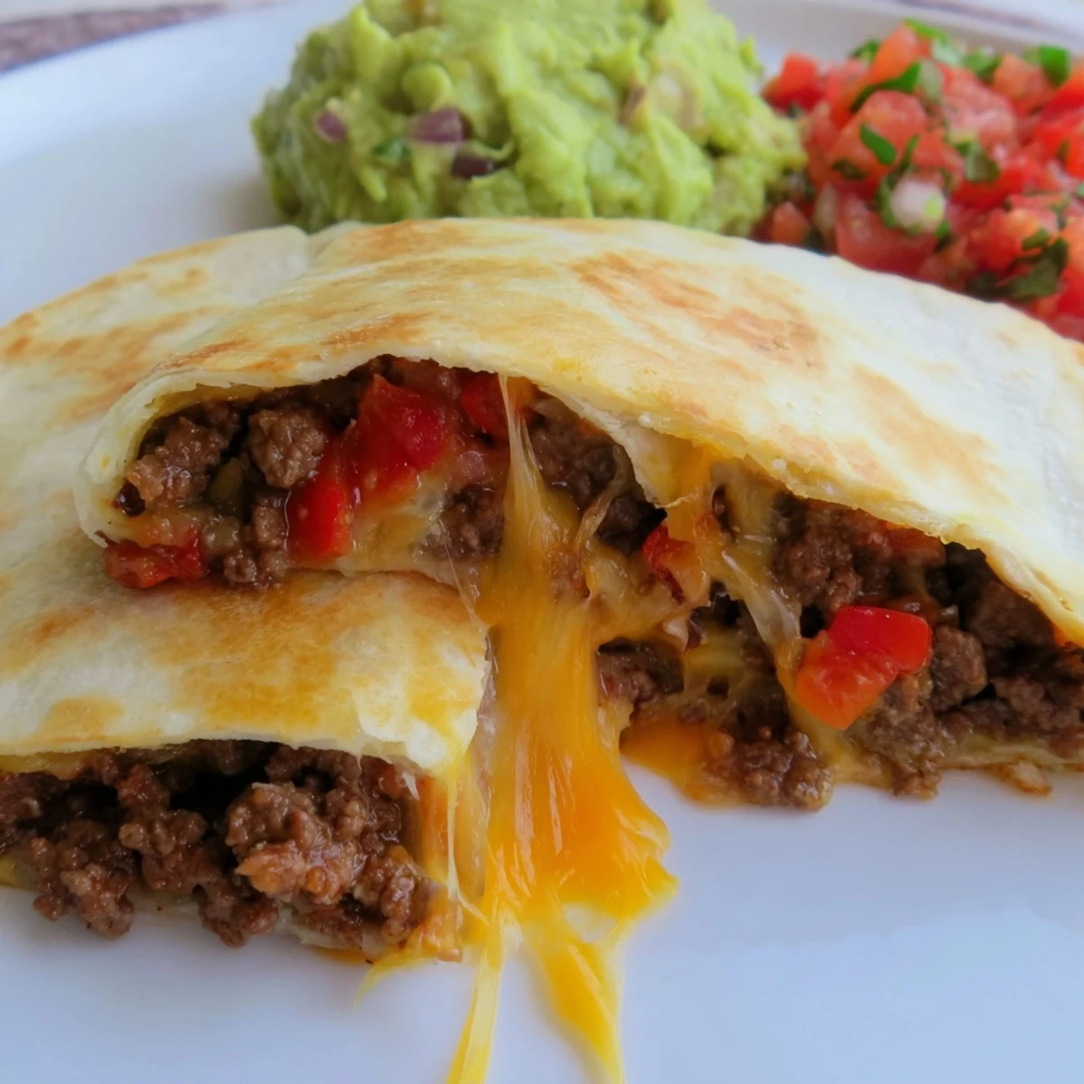 Golden-brown Beef Quesadillas with Salsa and Guacamole on a rustic wooden platter, garnished with fresh cilantro.